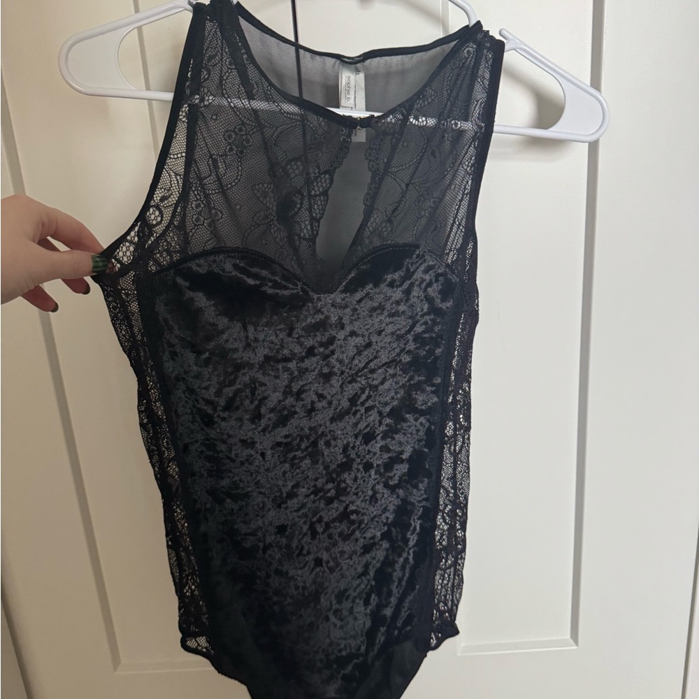 Sophie B. Black Lace and Crushed Velvet Bodysuit
